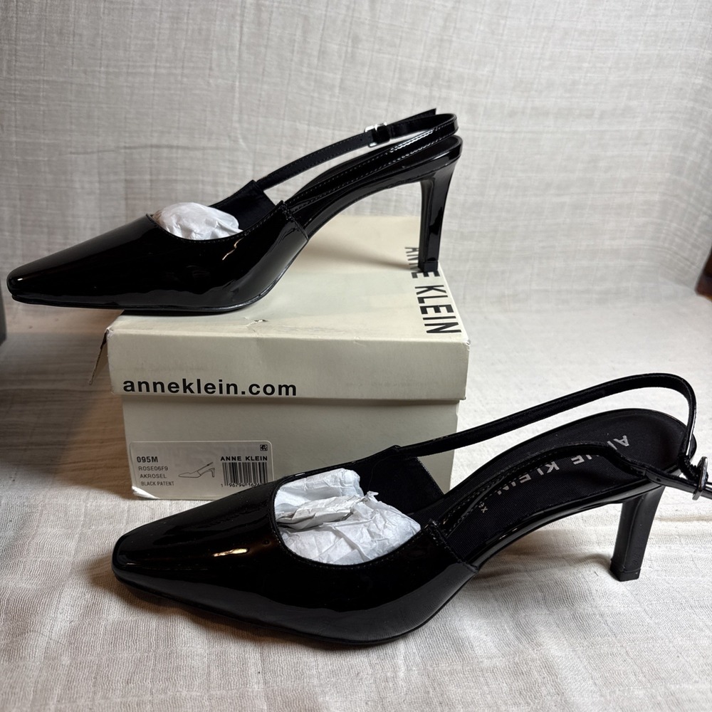 Anne Klein Yelena Black Patent Pointed Toe Slingback Pumps Heels 9.5 M AKROSEL
